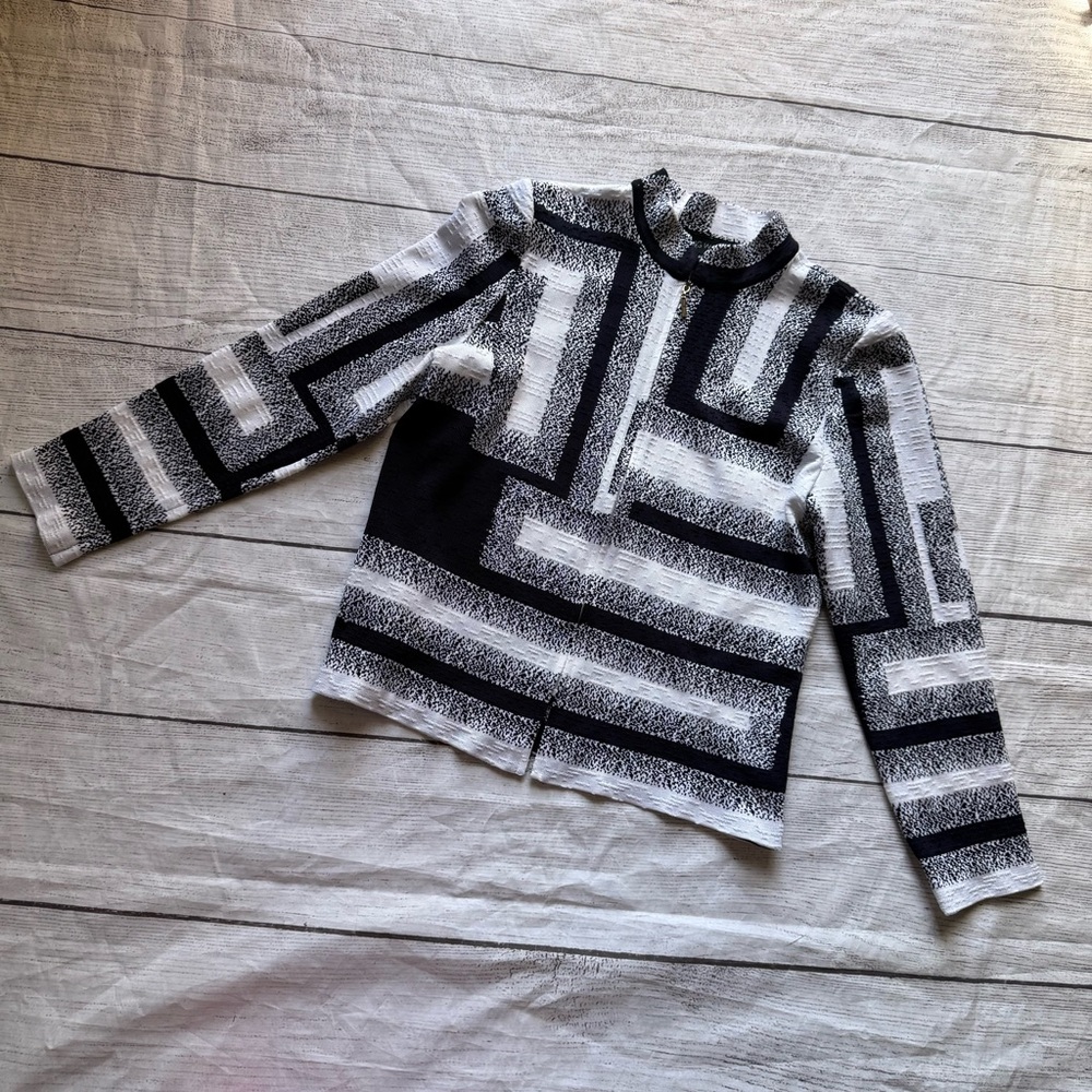 MING WANG Full Zip White Gray Black Knit Blazer Jacket Size Petite Small